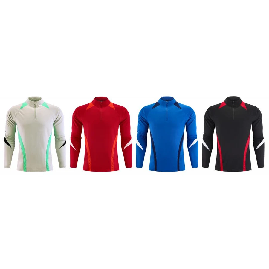 Unbranded half-zip training tops on a white background