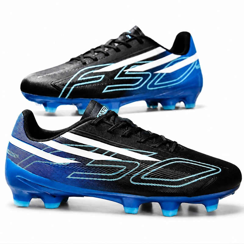 Black and electric-blue firm-ground football boots