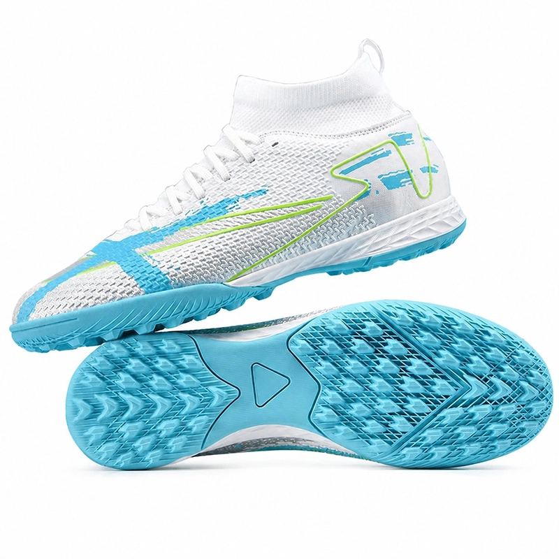 White and aqua high-collar turf football boots