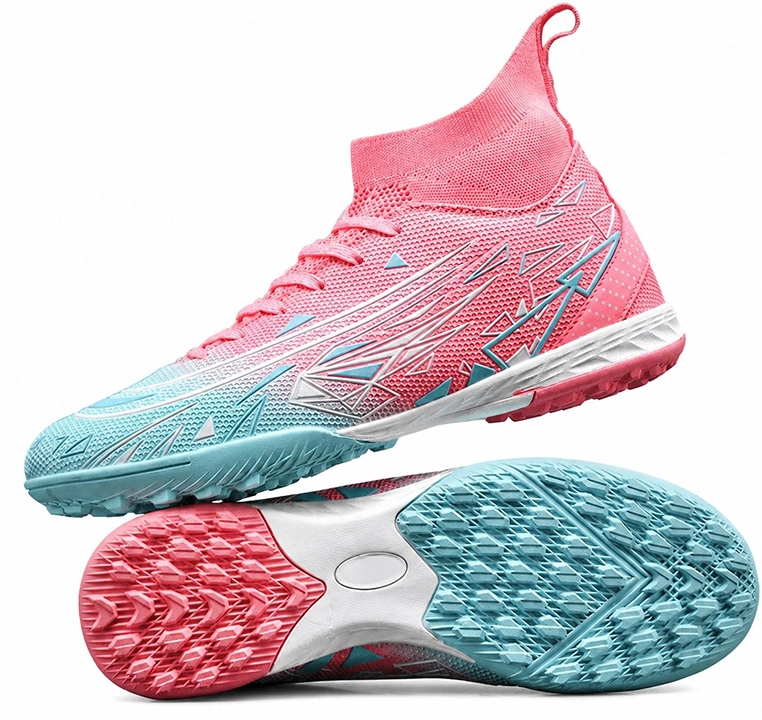 Coral and aqua high-collar turf football boots