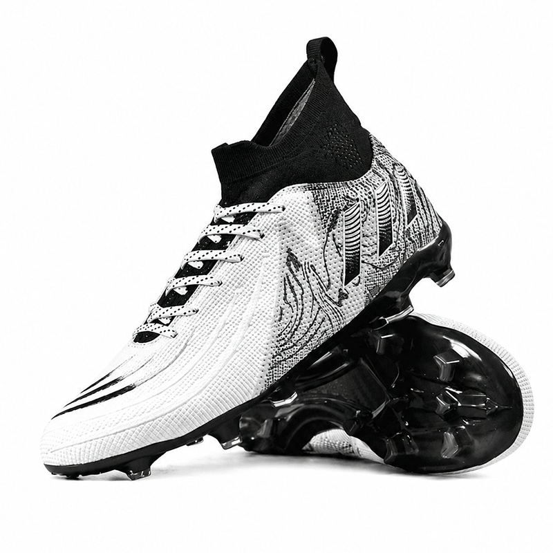 White and black high-cut firm-ground football boots