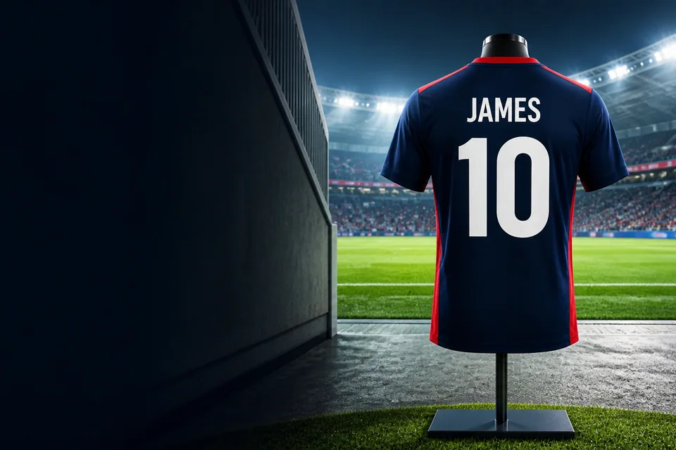 Personalised JAMES 10 football shirt in a stadium