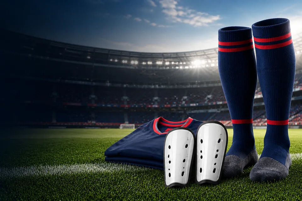 Football shirt with matching socks and shin pads