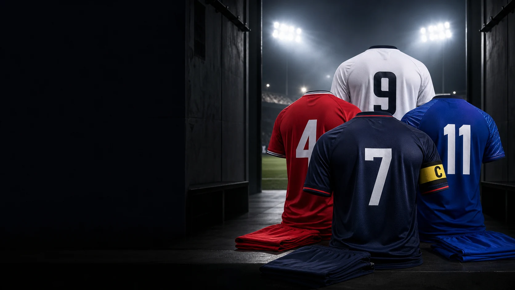 Four coordinated team shirts with numbered backs and a captain's armband