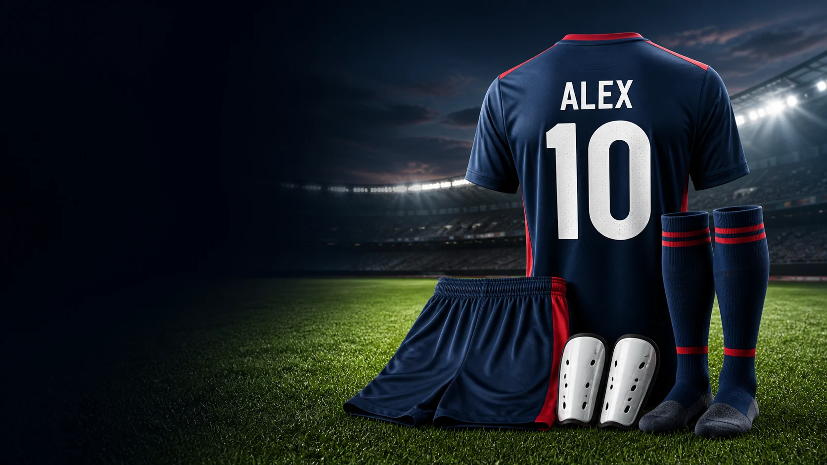 A personalised football shirt with matching shorts, socks and shin guards in a floodlit stadium