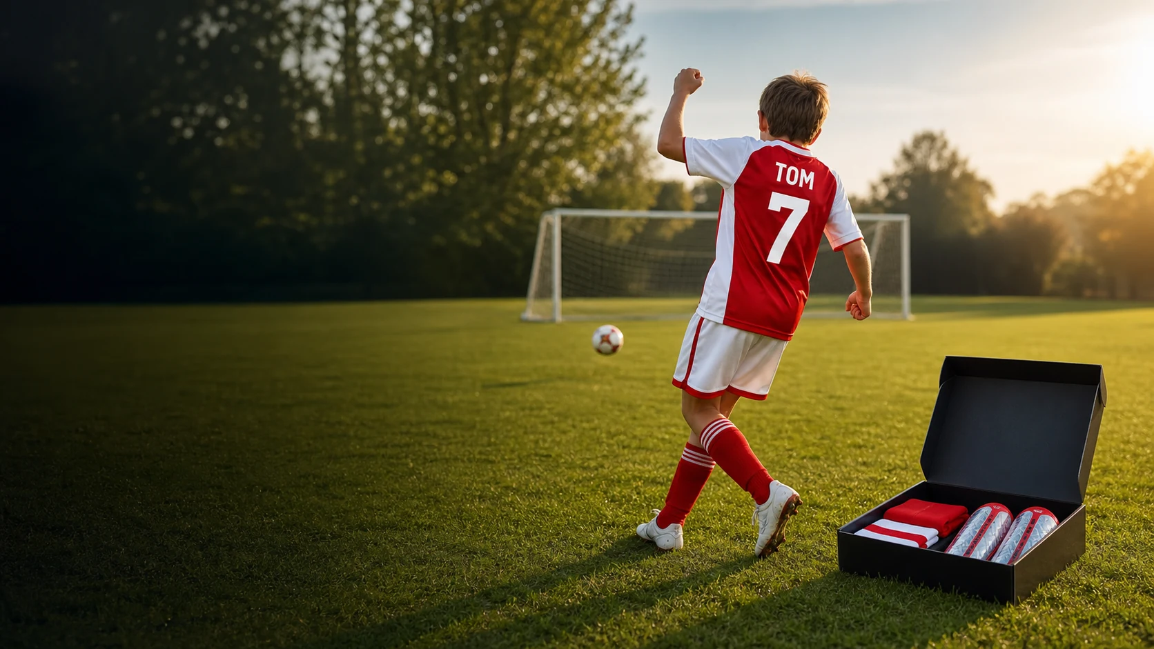 A young footballer wearing a personalised TOM 7 kit beside a complete kit box